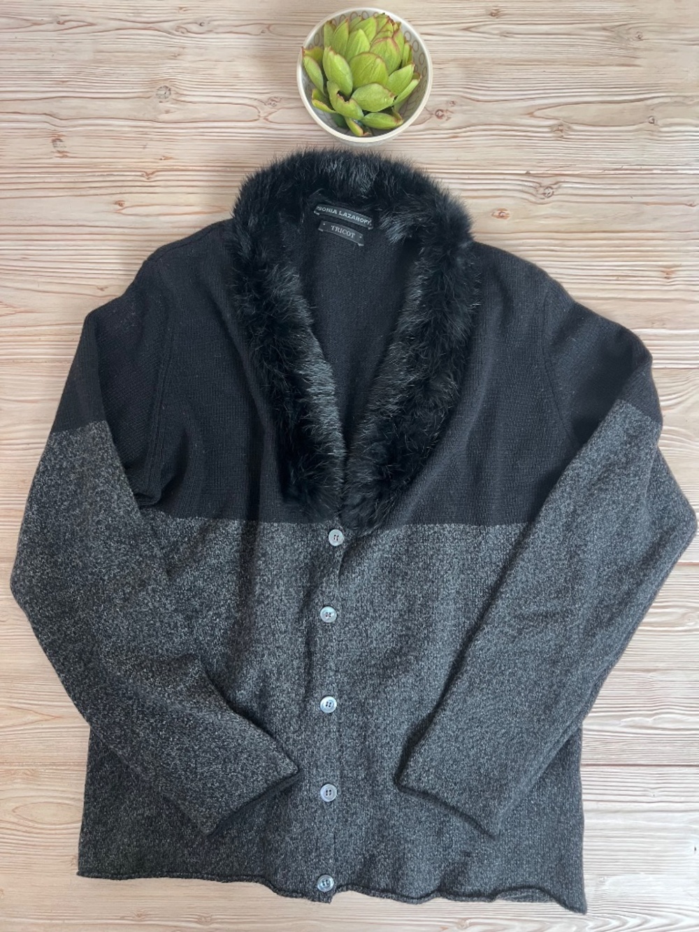 Vintage Sonia Lazaroff Italian Cashmere and Wool Cardigan w/ Faux Fur Collar M